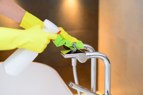 Professional cleaner dusting a Battersea apartment