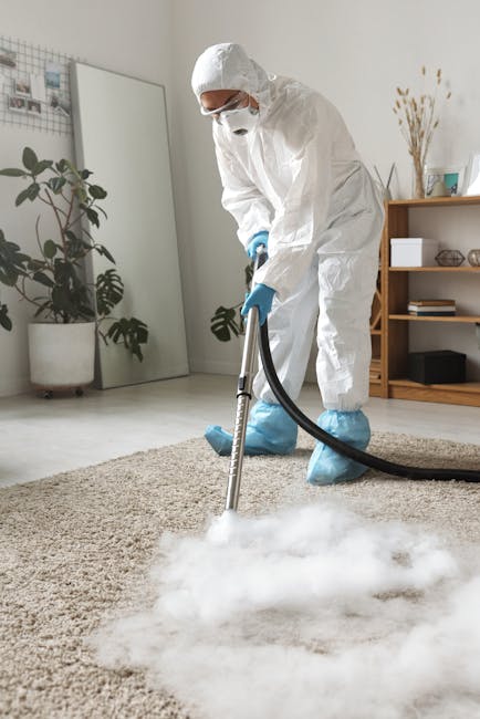 A person operating a yellow portable dehumidifier on a patterned carpet in a room, with soft lighting highlighting the clean and well-maintained surface. The individual is holding the device with both